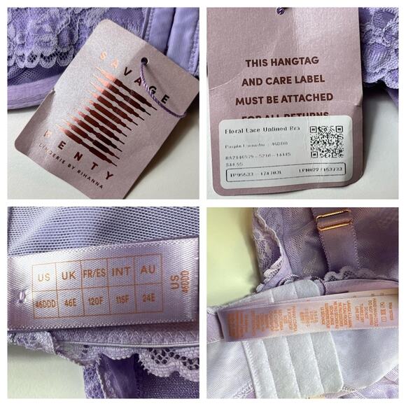 Savage X Fenty Lavender Floral Lace Unlined Bra Size 46 DDD - Picture 11 of 12